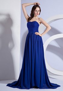 Pleated Blue Beading Chiffon Prom Celebrity Dress with Brush Train