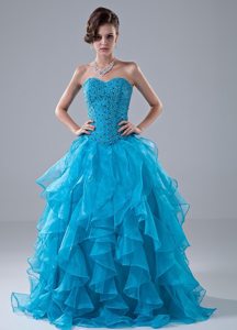 Ruffled Sweetheart Beaded Prom Homecoming Dresses in Aqua Blue