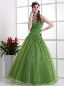 Beaded Organza Olive Green Sweetheart Prom Dresses for Princess