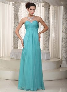 Beading Chiffon Ruched Sweetheart Turquoise Modest Prom Dresses