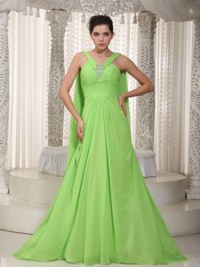 V-neck Spring Green Ruched Watteau Chiffon Beading Prom Dresses