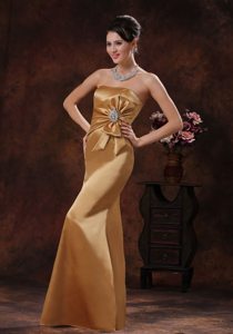 Mermaid Strapless Beaded and Bowknot Prom Gown Dress in Gold