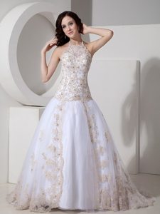 Halter Lace Appliques Prom Court Dresses in White and Ivory