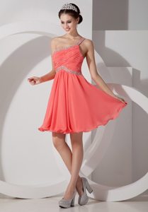 Coral Red Empire Beading One Shoulder Prom Gowns Mini-length
