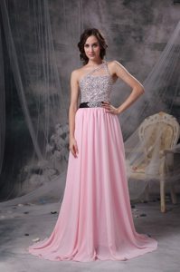 Beaded Baby Pink Empire One Shoulder Prom Dress with Brush Train