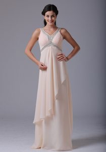 Beige V-neck Prom Dress with Beading and Ruched Diagonal Layer