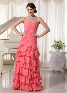 Watermelon Red Flouncing Layered Column Prom Dress with Sweetheart