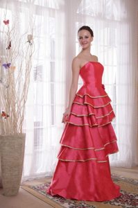 Coral Red Princess Strapless Prom Party Dress with Layered Ruffles