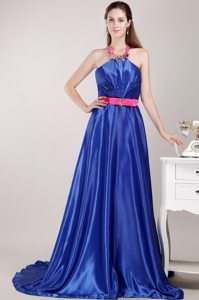 Halter Top Beading and Sash Blue Prom Pageant Dress with Brush Train