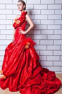 Red One Shoulder Appliques and Hand Made Flowers Prom Dress with Brush Train