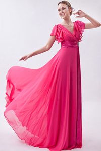 Hot Pink V-neck Butterfly Sleeves Junior Prom Dress with Fitted Sash