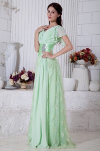 Cap Sleeves V-neck Apple Green Beading Prom Dress with Appliques