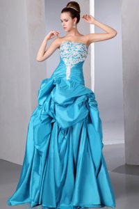 Turquoise Strapless Beading and Appliques Grad Dresses with Pick-ups