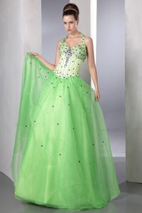 Spring Green A-line Halter Beading Floor-length Formal Dresses