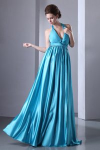 Halter Floor-length Turquoise Empire Pleated Prom Pageant Dress