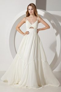 Ivory Empire Straps V-neck Prom Gown Dress with Brush Train