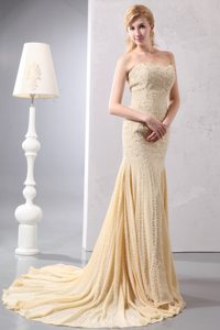 Beading and Sequins Mermaid Light Yellow Sweetheart Prom Dress with Court Train