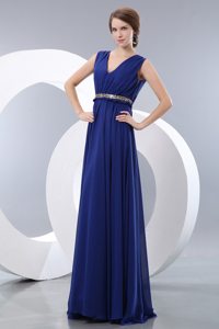 Prom Evening Dress Empire V-neck in Royal Blue with Belt