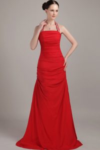 Red Beading Halter Floor-length Ruched Prom Evening Dress