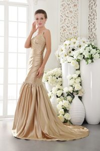 Champagne Mermaid Beaded Straps Prom Gowns with Brush Train