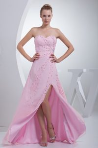 Beaded Sweetheart Pink Floor-length Prom Formal Dress with High Slit