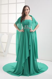 Green Strapless Appliques Asymmetrical Ruching Prom Dress