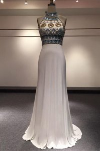Fancy Sleeveless With Train Beading Zipper Prom Party Dress with White Brush Train