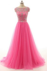 Lace Beading Prom Dresses Hot Pink Zipper Short Sleeves Floor Length