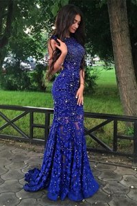 Custom Design Mermaid Scoop Sleeveless Lace With Brush Train Backless in Royal Blue for with Beading and Lace