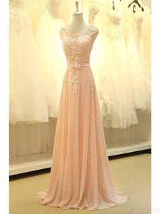 Stunning Scoop Sleeveless Prom Party Dress Sweep Train Appliques and Belt Peach Organza