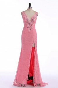 V-neck Sleeveless Evening Dress Sweep Train Lace and Appliques Rose Pink Organza
