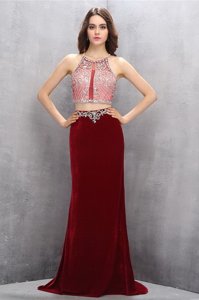 Enchanting Scoop Sleeveless Chiffon Brush Train Criss Cross Prom Dresses in Burgundy for with Beading and Appliques