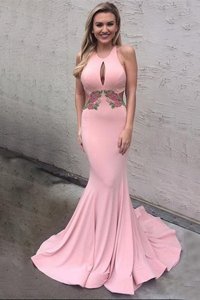 Sumptuous Mermaid Scoop Pink Sleeveless Elastic Woven Satin Brush Train Criss Cross Prom Dresses for Prom and Party