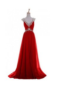 Fantastic Zipper Prom Party Dress Red and In for Prom and Party with Beading and Belt Brush Train