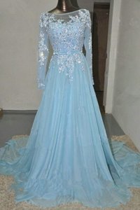 Baby Blue Empire Appliques and Belt Prom Party Dress Zipper Organza Long Sleeves
