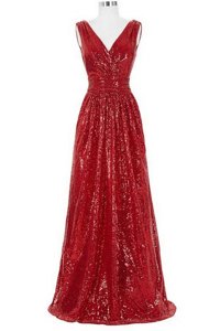 Modest Red Zipper Homecoming Dress Sequins Sleeveless With Brush Train