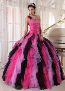 Pretty Beading Ruffles One Shoulder Colorful Quinceanera Gowns