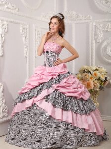 Beaded and Layered Pink Quinceanera Gown Dresses with Zebra Print