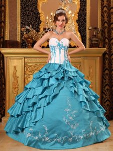 Turquoise and White Quinceanera Gown Dresses with Embroidery