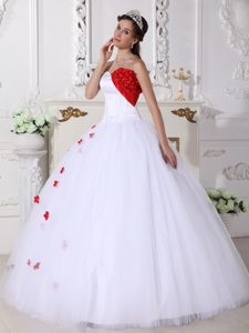 Denver CO White and Red Tulle Quinceanera Gown with Appliques