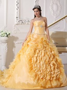 Beaded and Ruffled Gold Sweet Sixteen Dresses with Brush Train