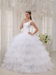 White Scoop Sweet Sixteen Dress with Beading and Ruffled Layers