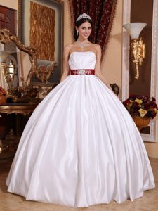 Ruched White Sweet Sixteen Dresses with Beaded Red Belt in Vogue