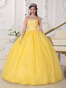 Glitz Ruched and Appliqued Sweet Sixteen Dresses in Bright Yellow