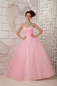 Beaded Pink Tulle Dresses for Quinceanera with Straps Floor Length