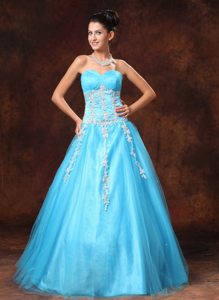 A-line Sweetheart Appliqued Beaded Baby Blue Prom Dresses
