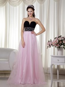Pink and Black Taffeta Tulle Beaded Sweetheart Prom Dress