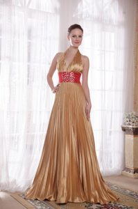 Backless Halter top Pleated Gold Prom Dress with Rhinestones