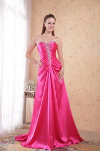 Brush Train Sweetheart Beaded Hot Pink Prom Dress for Girls