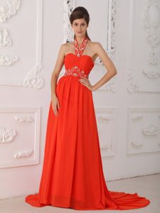 Charming Rust Red Halter Beaded Ruched Prom Dress 2014